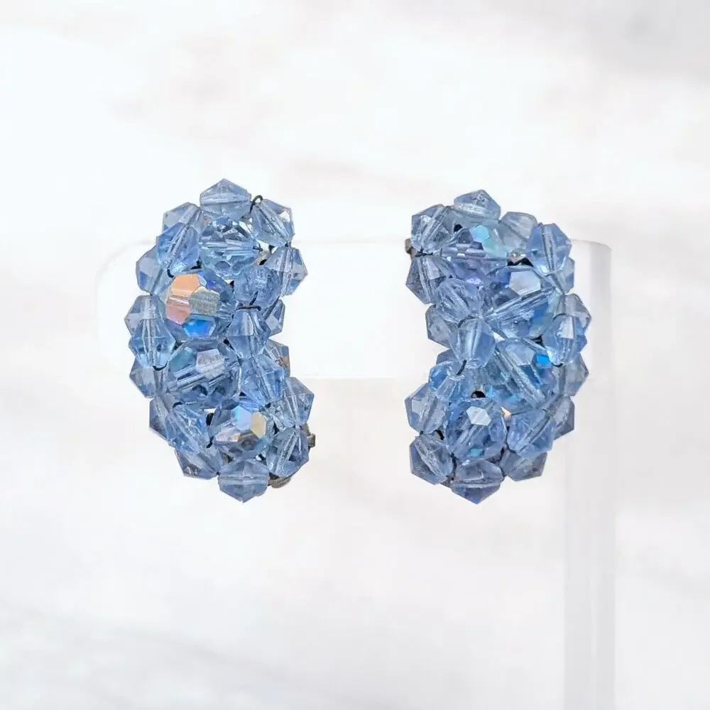 Vintage Clip On Earrings Kidney Bean Shape Large Blue Beaded Statement 1 & 3/8